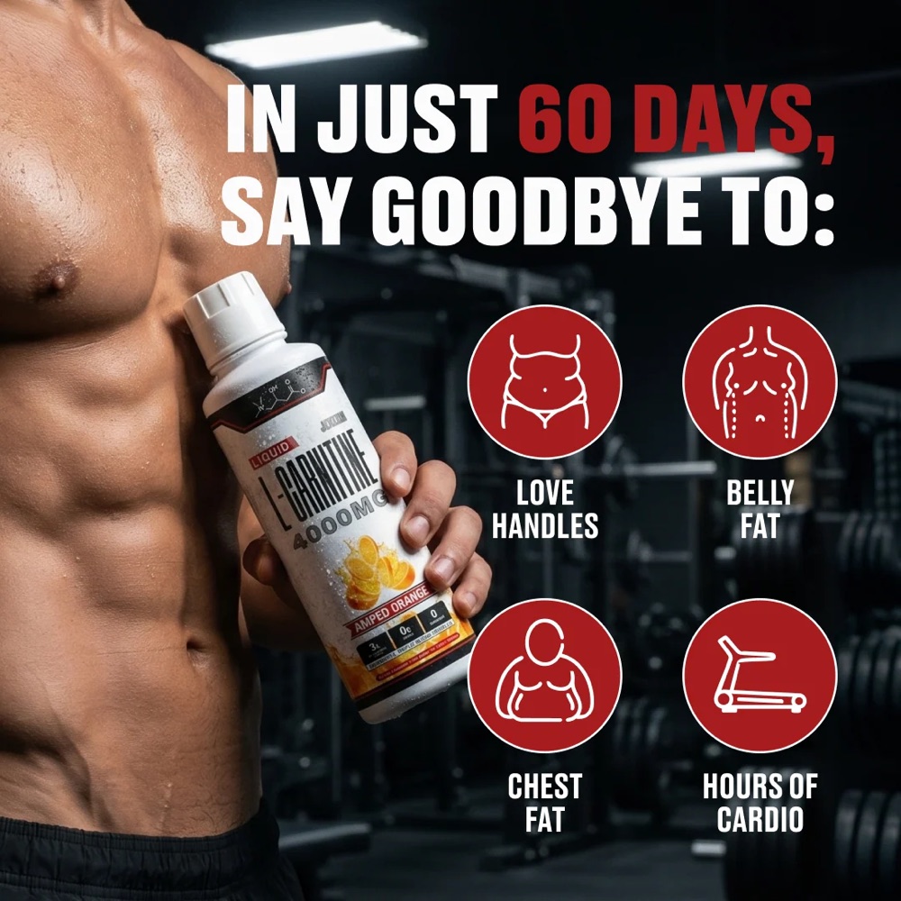 A lean man in a gym holding a bottle of JCKED Liquid L-Carnitine beside icons for love handles, belly fat and chest fat