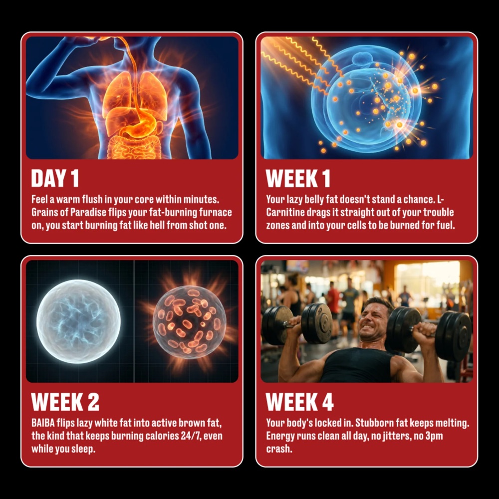 Four panel graphic showing what customers notice on Day 1, Week 1, Week 2 and Week 4